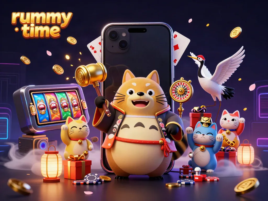 Play engaging rummy time games with colorful characters and vibrant casino elements in this 3D illustration.
