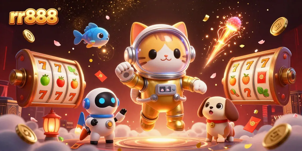 Engage with rr888’s vibrant slots and gaming action illustrated in a cosmic casino adventure.