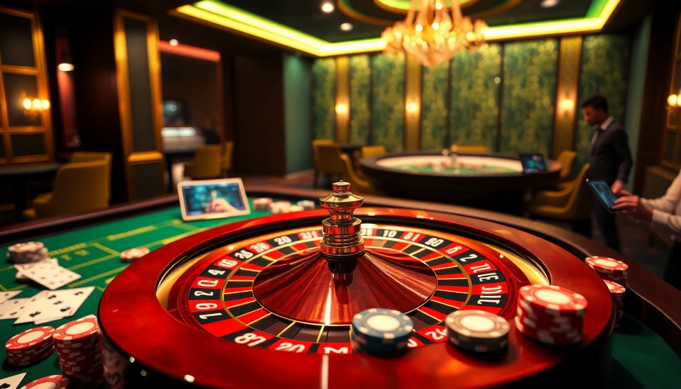 F8BET thrilling casino scene with roulette and poker elements.