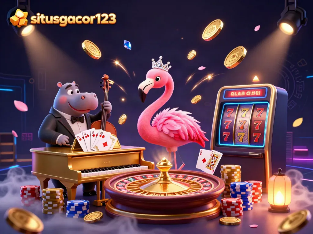 Engage with situsgacor123's vibrant casino atmosphere featuring singing flamingo and hippo bassist surrounded by gaming elements.