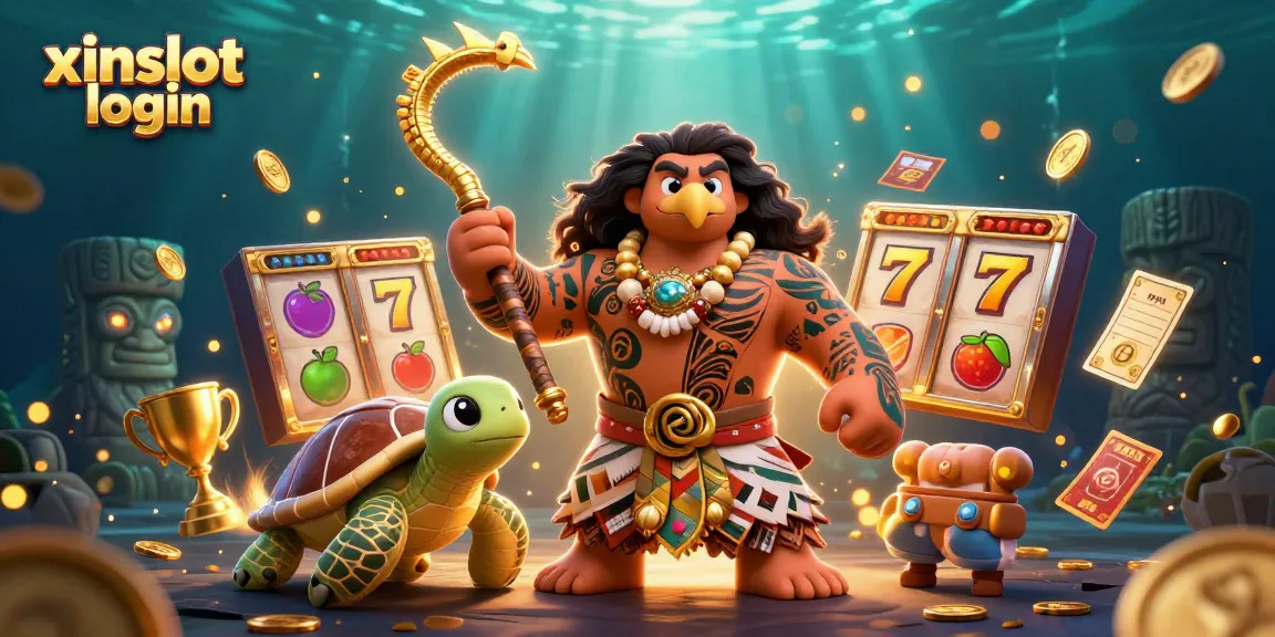 Experience the thrill of xinslot login with a vibrant scene of a Polynesian demigod, sports elements, and slot game features.