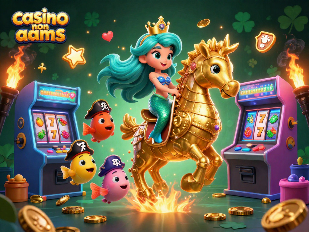 Giocare in un casino non aams con la principessa sirena e il cavallo marino in un'illustrazione vivace e dinamica.