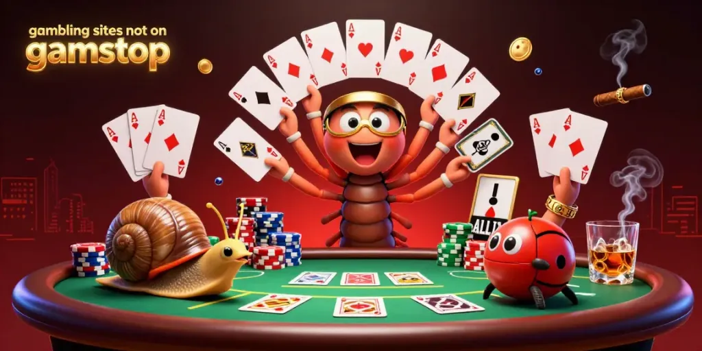 Join the excitement at gambling sites not on gamstop with a millipede dealer, chip stacks, and vibrant game elements.