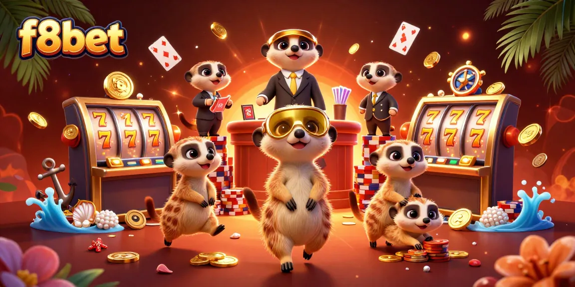 Experience thrilling bets at f8bet with cute meerkats running a vibrant casino scene.
