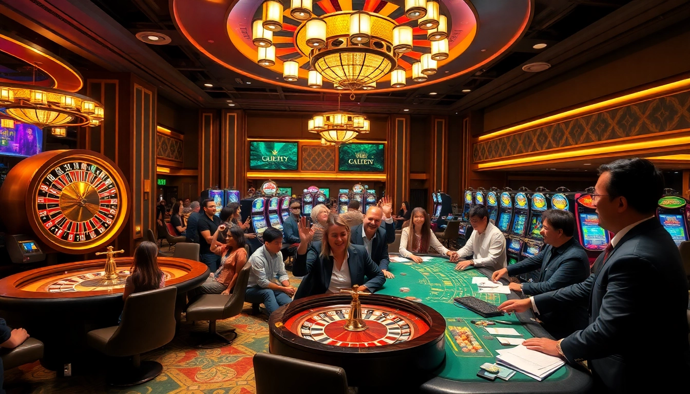 Players enjoying the excitement of gojekpot at a vibrant casino, celebrating wins at the roulette wheel and poker tables.
