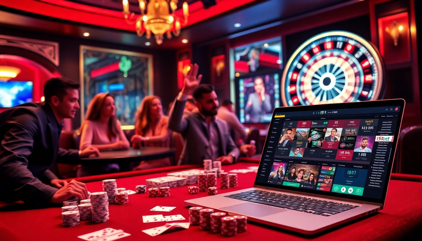 Players enjoying a thrilling game at i9bet casino, surrounded by chips, cards, and excitement.