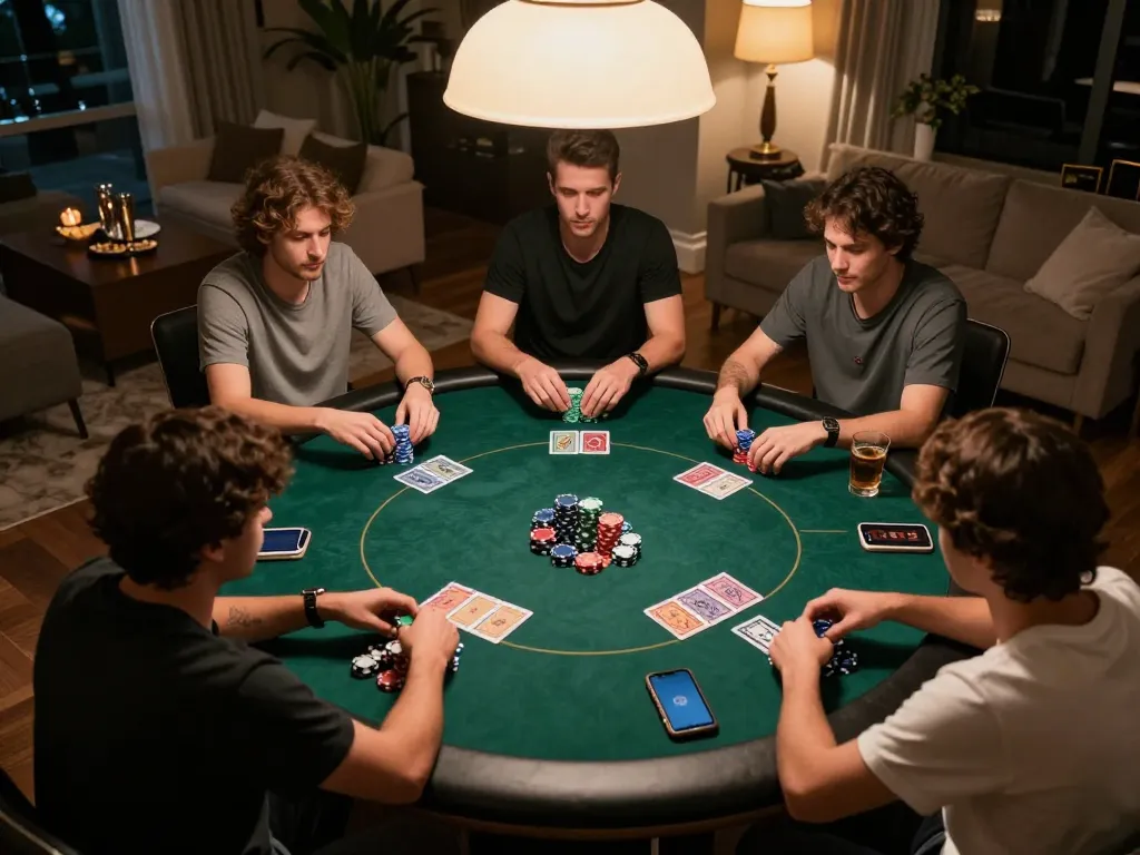 smartcityhostels players engaging in a thrilling poker game with chips stacked high and drinks on the table
