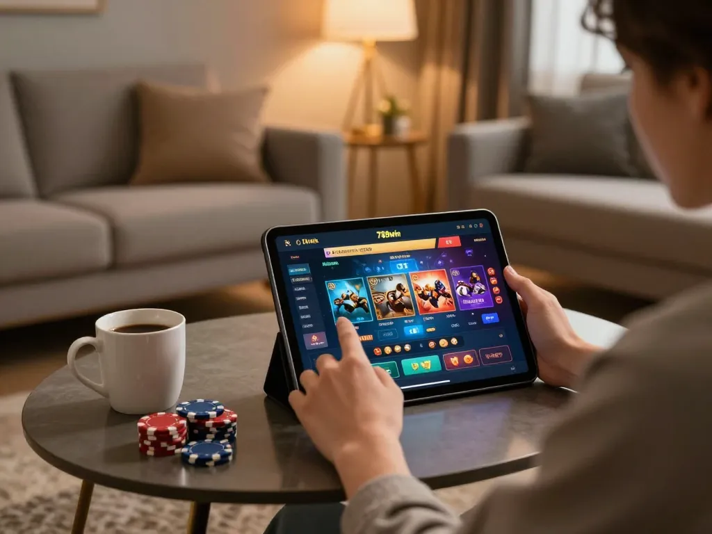 Engaging with 789win's online casino while enjoying a cozy home atmosphere.