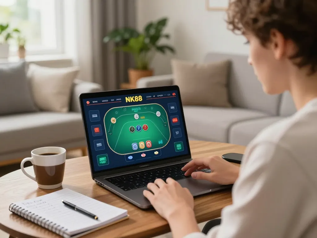 Player engaging in online poker at NK88, utilizing strategic notes in a cozy home setting.