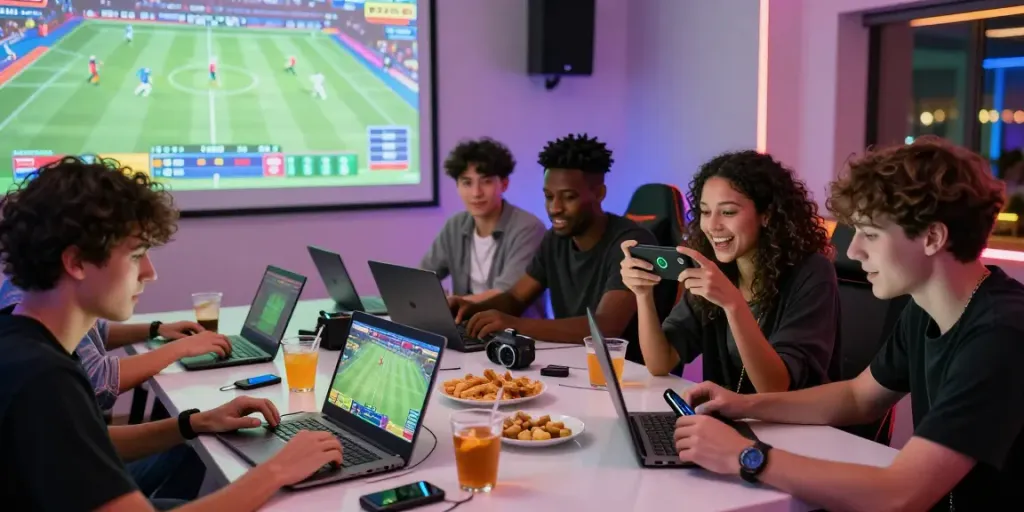 Friends enjoying a live gaming session, engaging with lotus365 on laptops and phones.