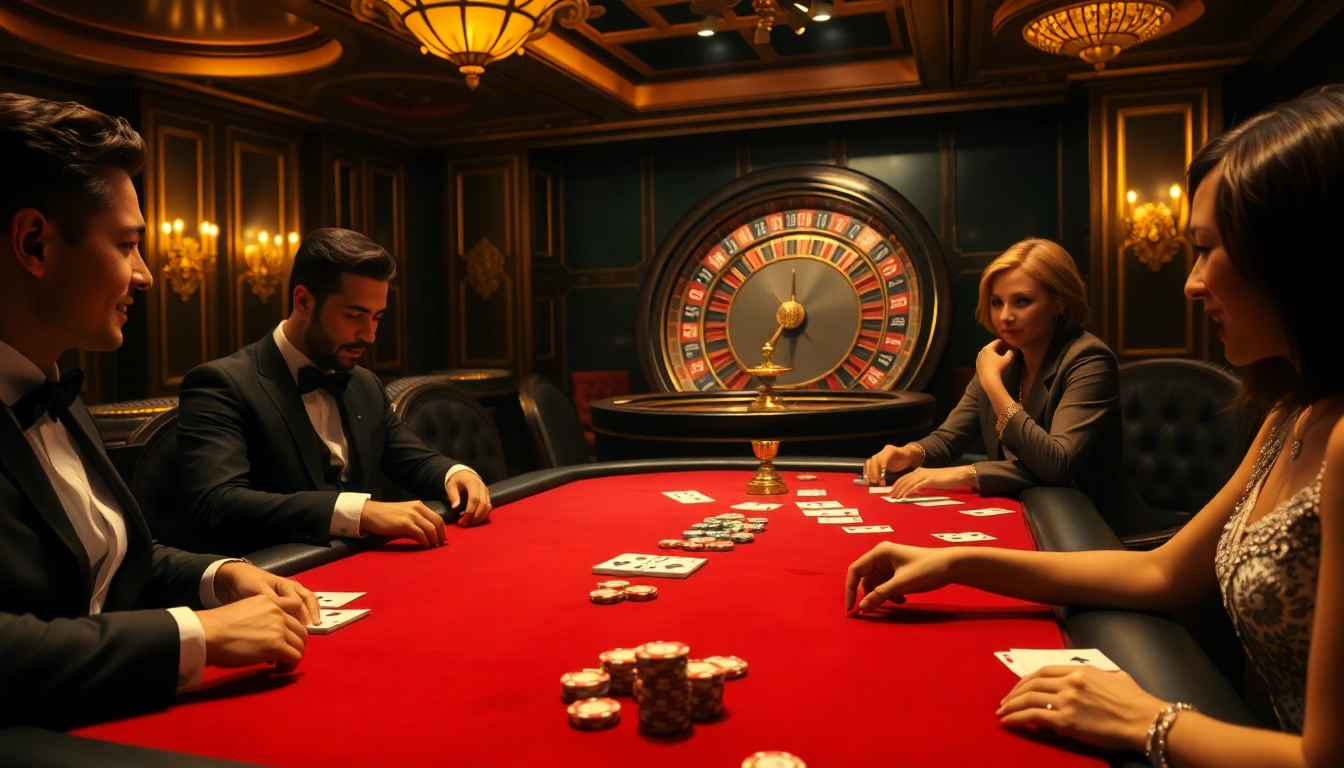 Hoạt động poker đầy hồi hộp tại casino với bàn chơi thanh lịch, chip và trang trí lấy cảm hứng cg79.