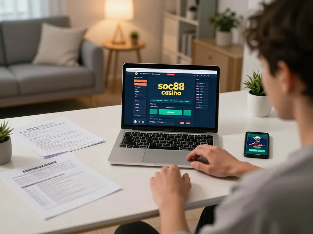 Engaging with soc88 online casino app on laptop, showcasing strategic betting at home.