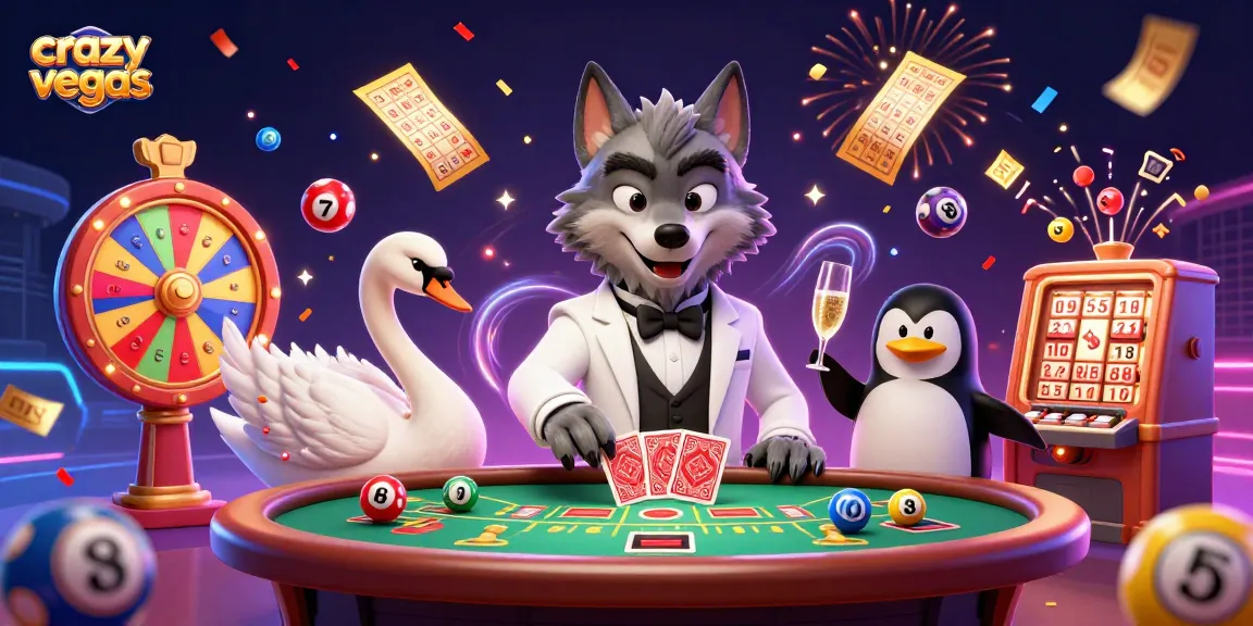 Join the fun at crazyvegas with a thrilling baccarat table scene featuring a wolf, swan, and penguin.