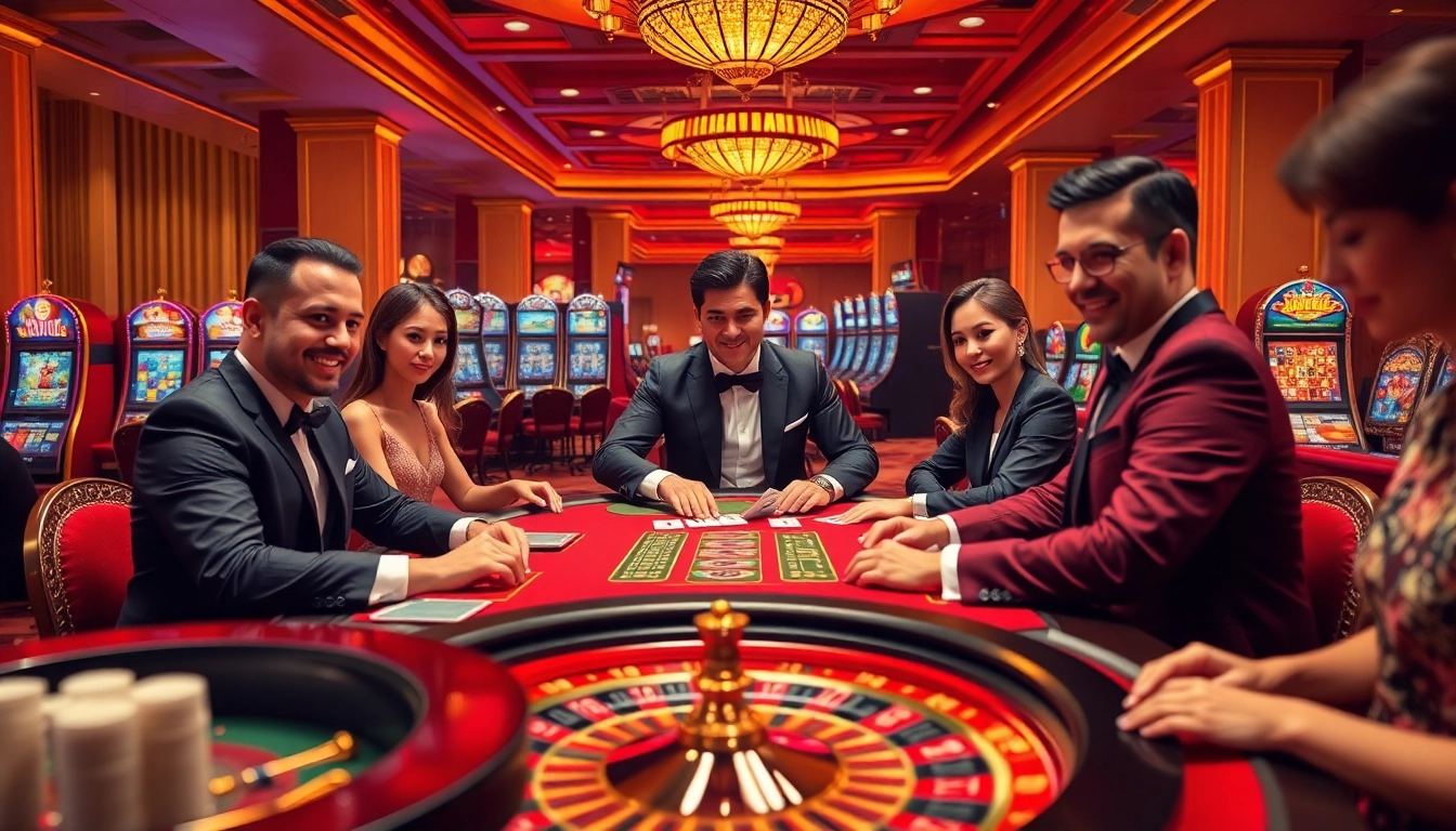 Players enjoying a thrilling experience at a GO88 casino table with vibrant cards and chips.