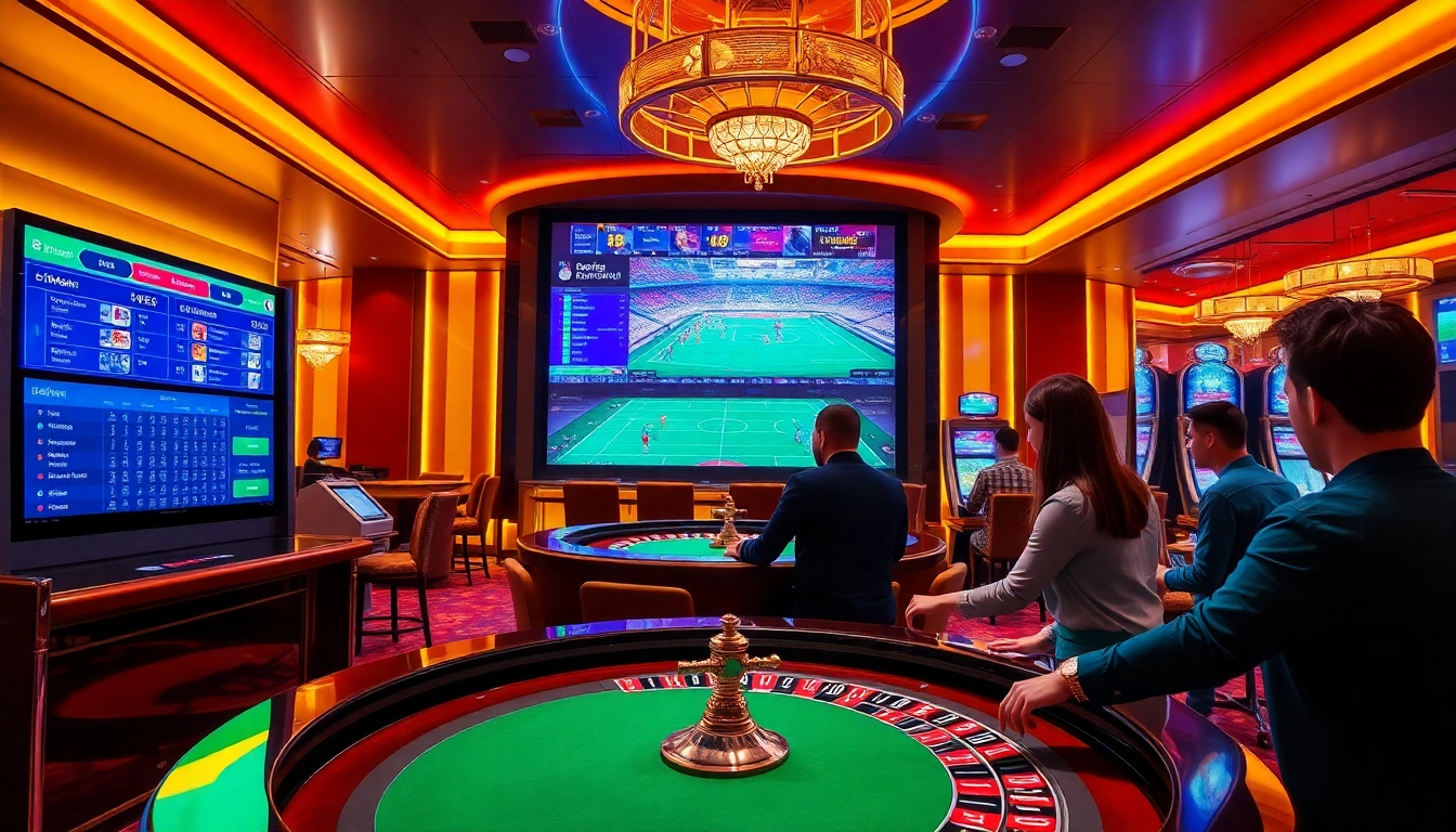 Engaged gamblers analyzing tỷ lệ bóng đá 7m at a modern casino betting kiosk.