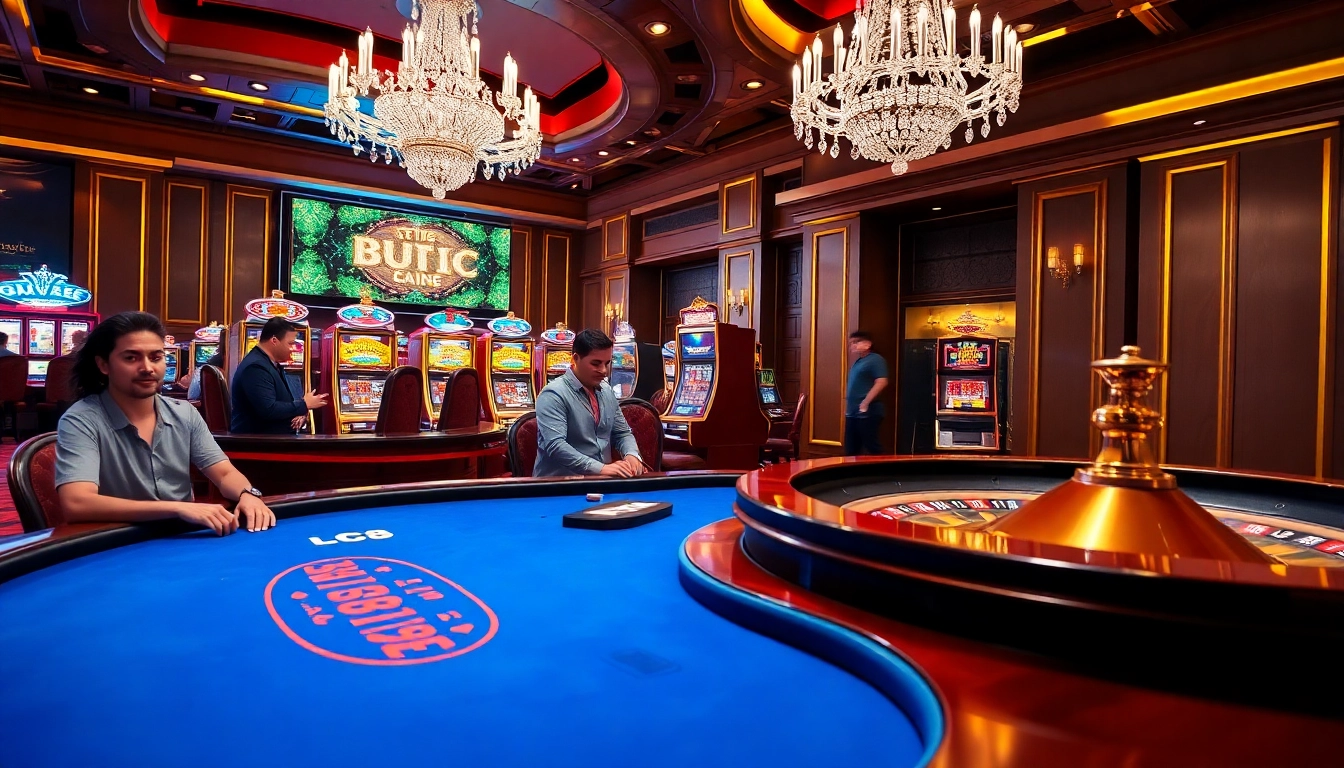 LC88 casino scene with excited players at blackjack table and vibrant slot machines