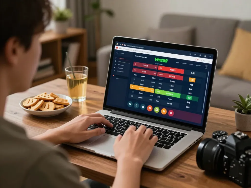 Engaging in sports betting on viral88 with live odds visible on laptop in a cozy home setting