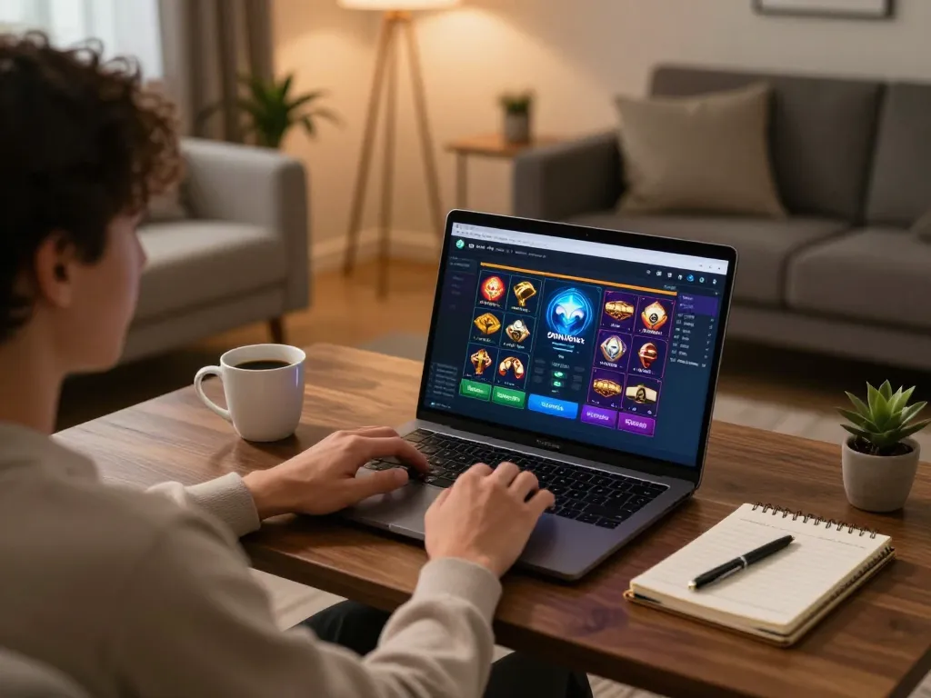 Spinadvisor user enjoying online slots on a laptop in a cozy home setup with strategic notes.