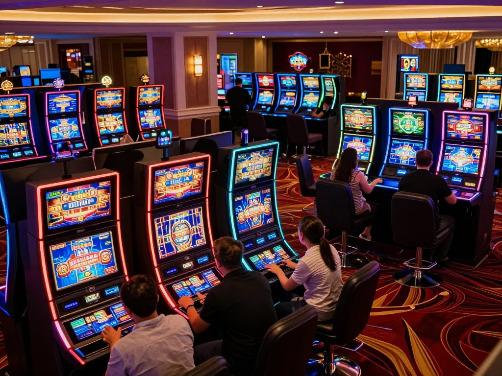 FAFA828 players enjoying vibrant slot machines in a luxurious casino environment.