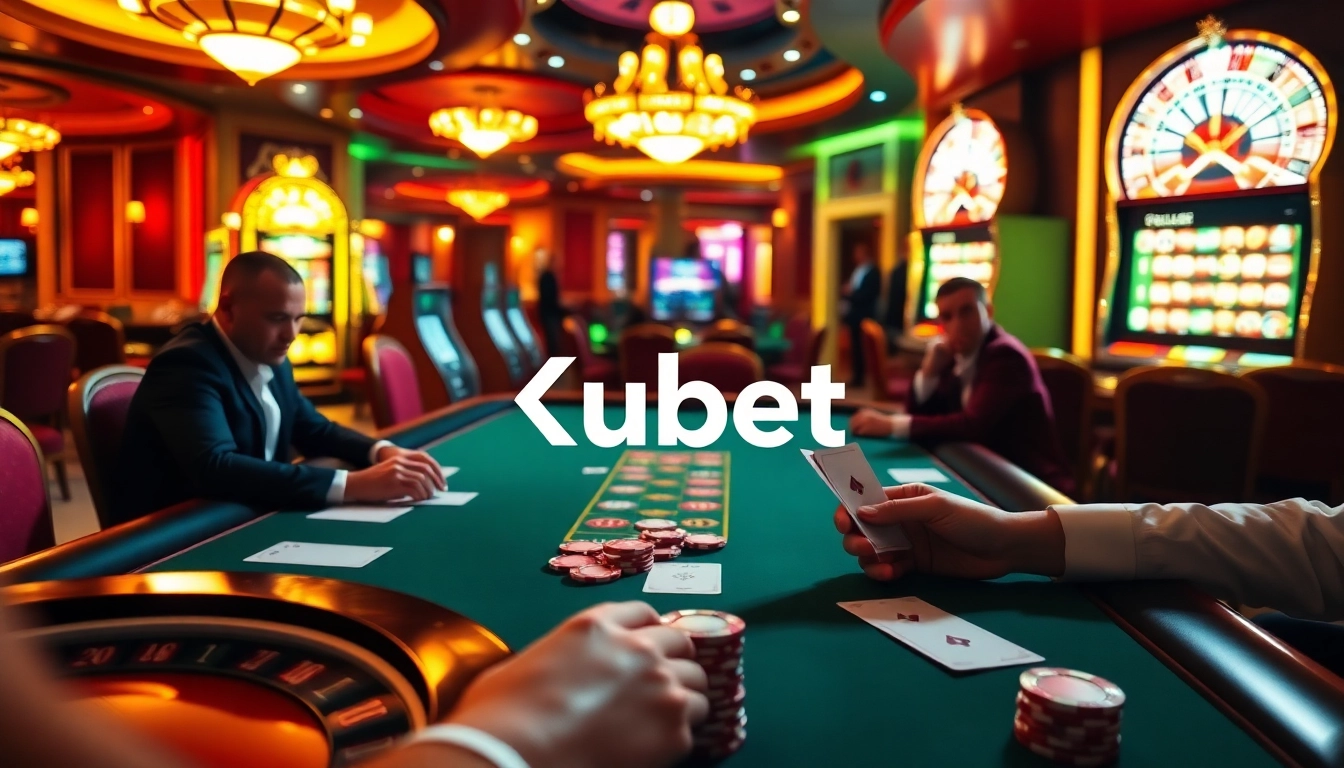Kubet poker game action with vibrant chips and confident players in an upscale casino.