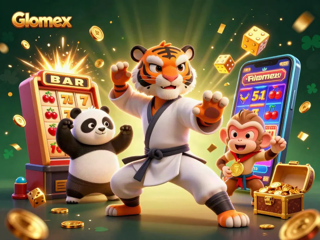 Experience Glomex at the casino with a lively scene of animated characters surrounded by jackpot symbols and playful elements.