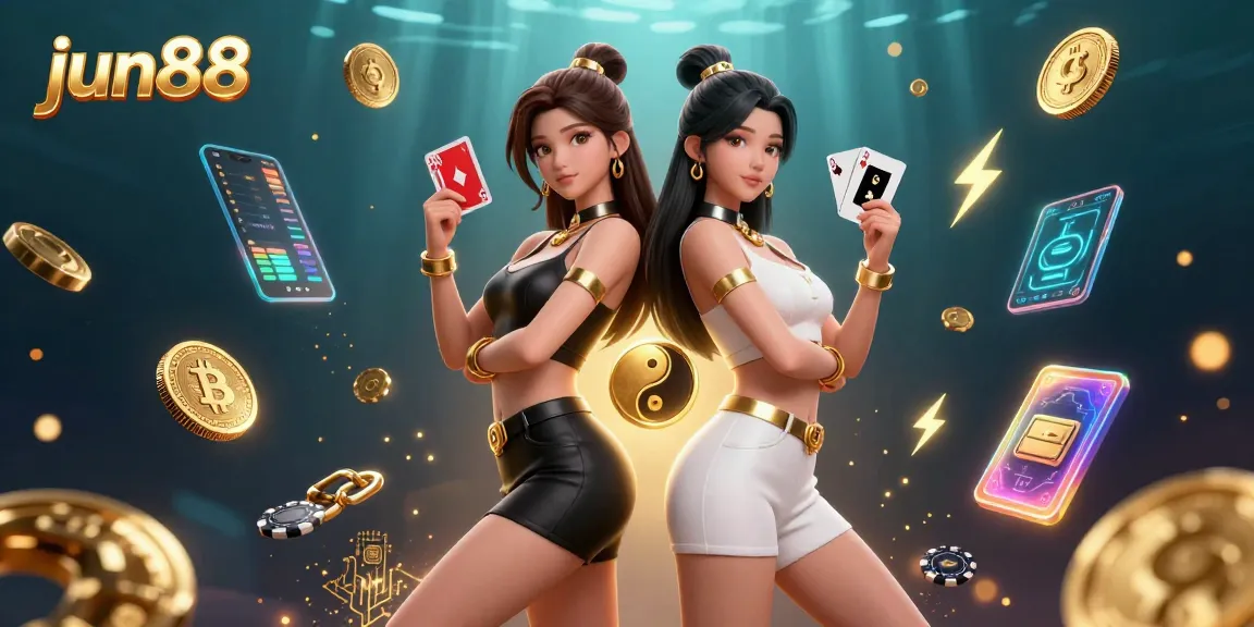 Win big at jun88 with twin Asian women showcasing powerful card skills in a vibrant casino scene.