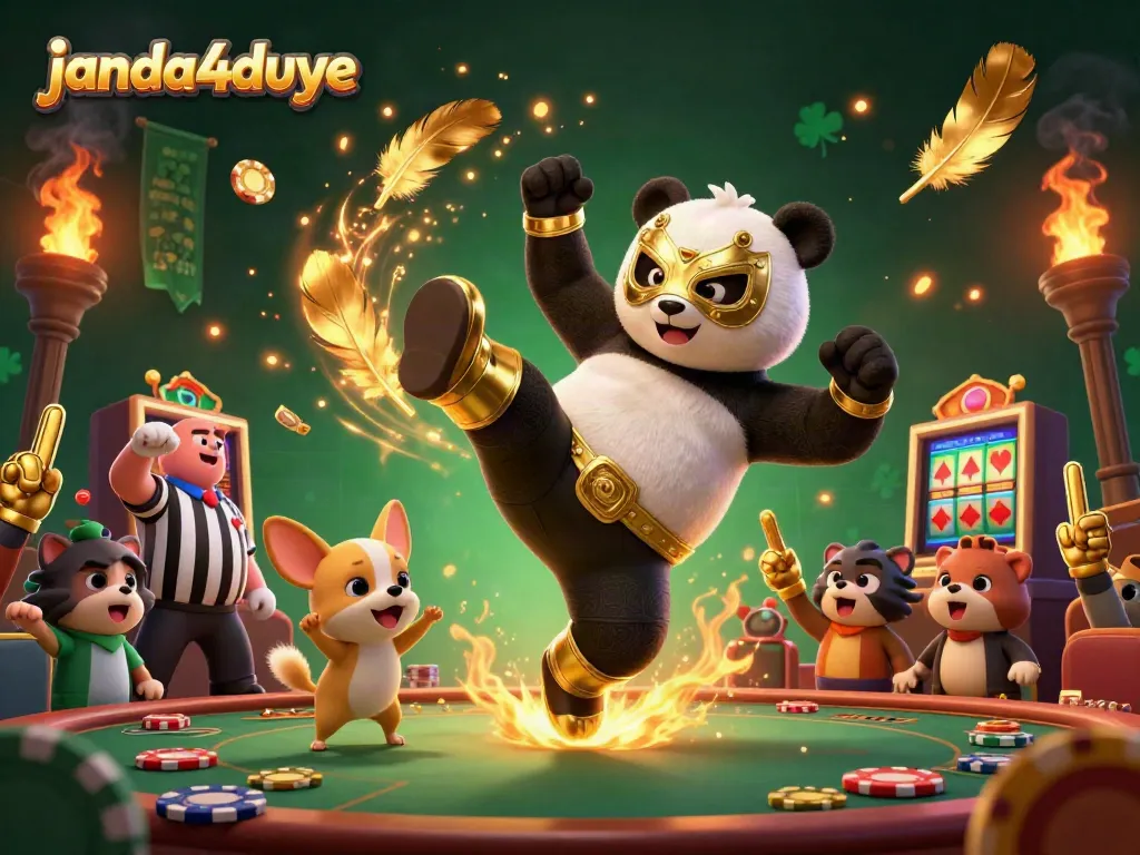 Gambaran menarik dari janda4duye, panda pegulat beraksi di arena taruhan dengan uang poker berkilauan.