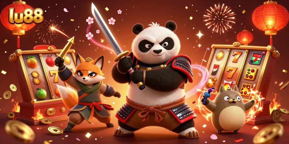 Experience thrilling moments with lu88's dynamic gaming scene featuring panda samurai, ninja fox, and lucky symbols.
