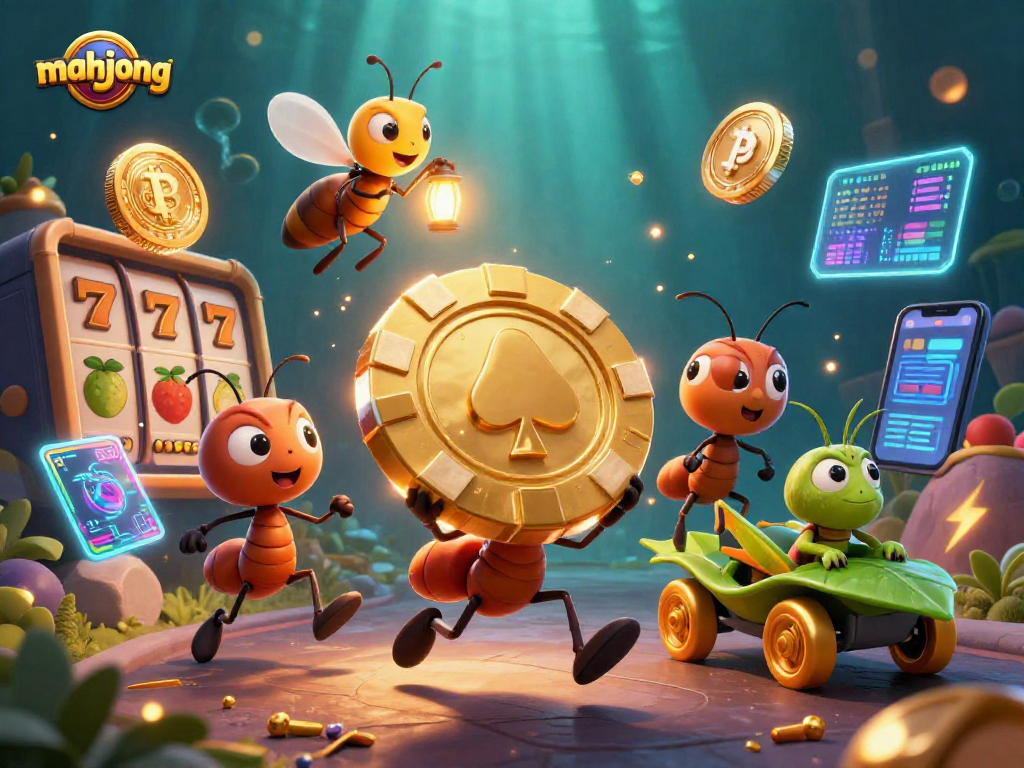 Experience mahjong excitement with 3D ants in a dynamic casino heist scene full of slot symbols and crypto coins.