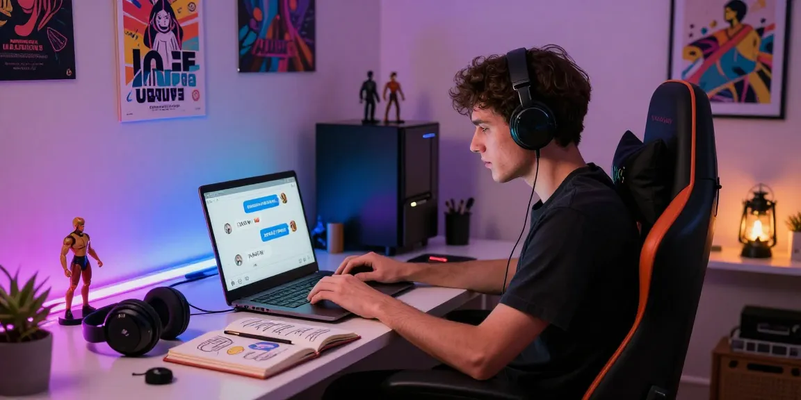 Dynamic home office with NSFW AI chat session, colorful ambiance, and personal elements.
