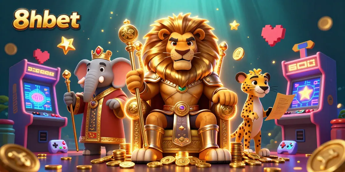 Engage in thrilling action with 8xbet's vibrant 3D casino adventure showcasing a lion king, elephant advisor, and cheetah messenger.