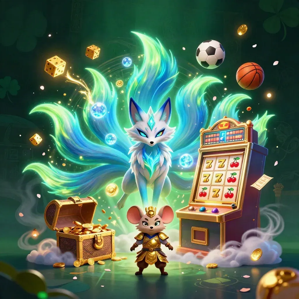 Nine-tailed fox spirit and armored mouse amid exploding casino treasures and sports betting icons.