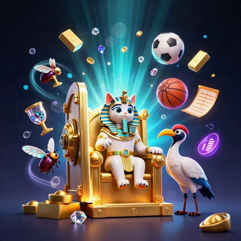 Pharaoh cat, ibis scribe, and scarabs amid bursting treasure, sports props, and blue glow.