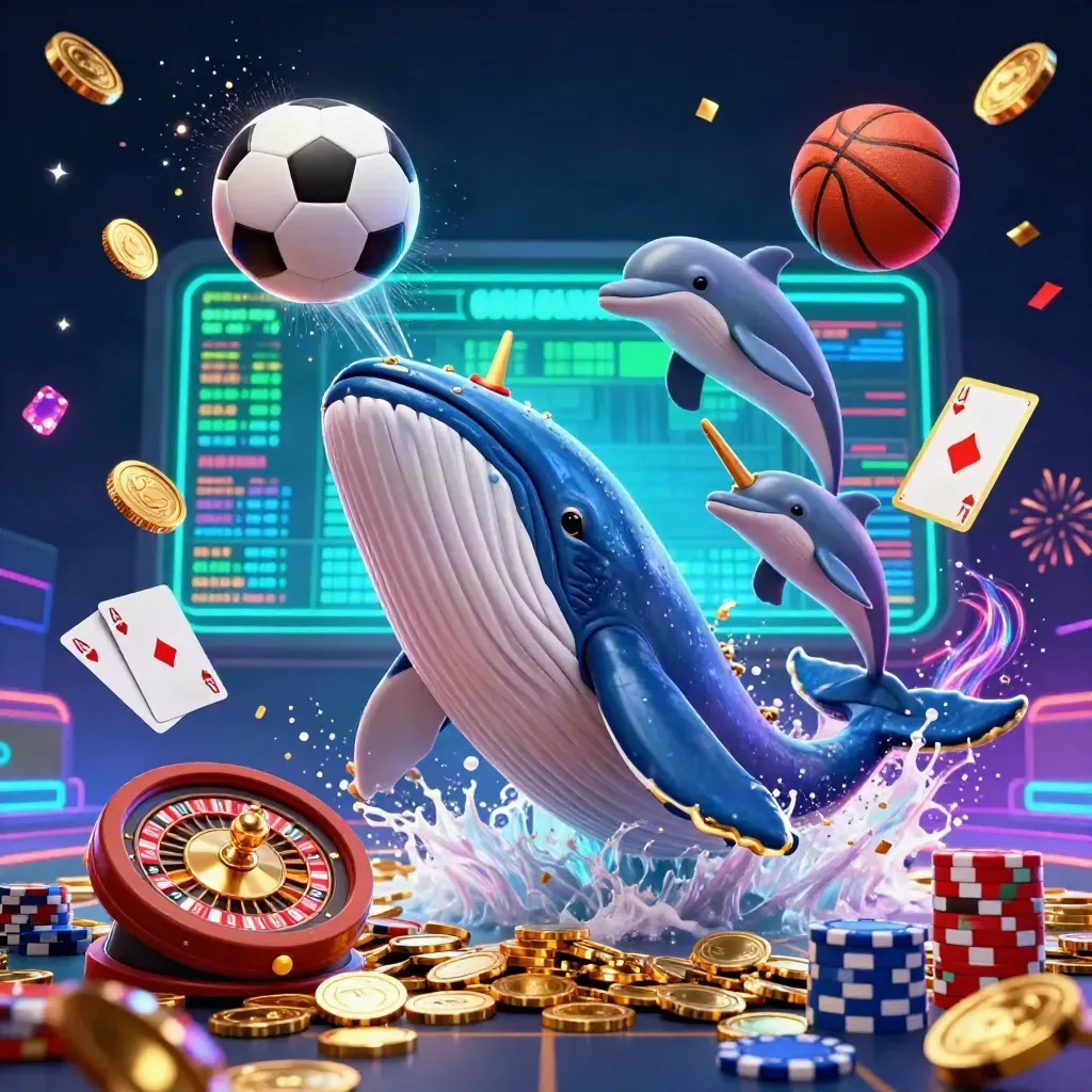 Whale captain, narwhal and dolphins burst through coins with chips, cards and neon casino lights.