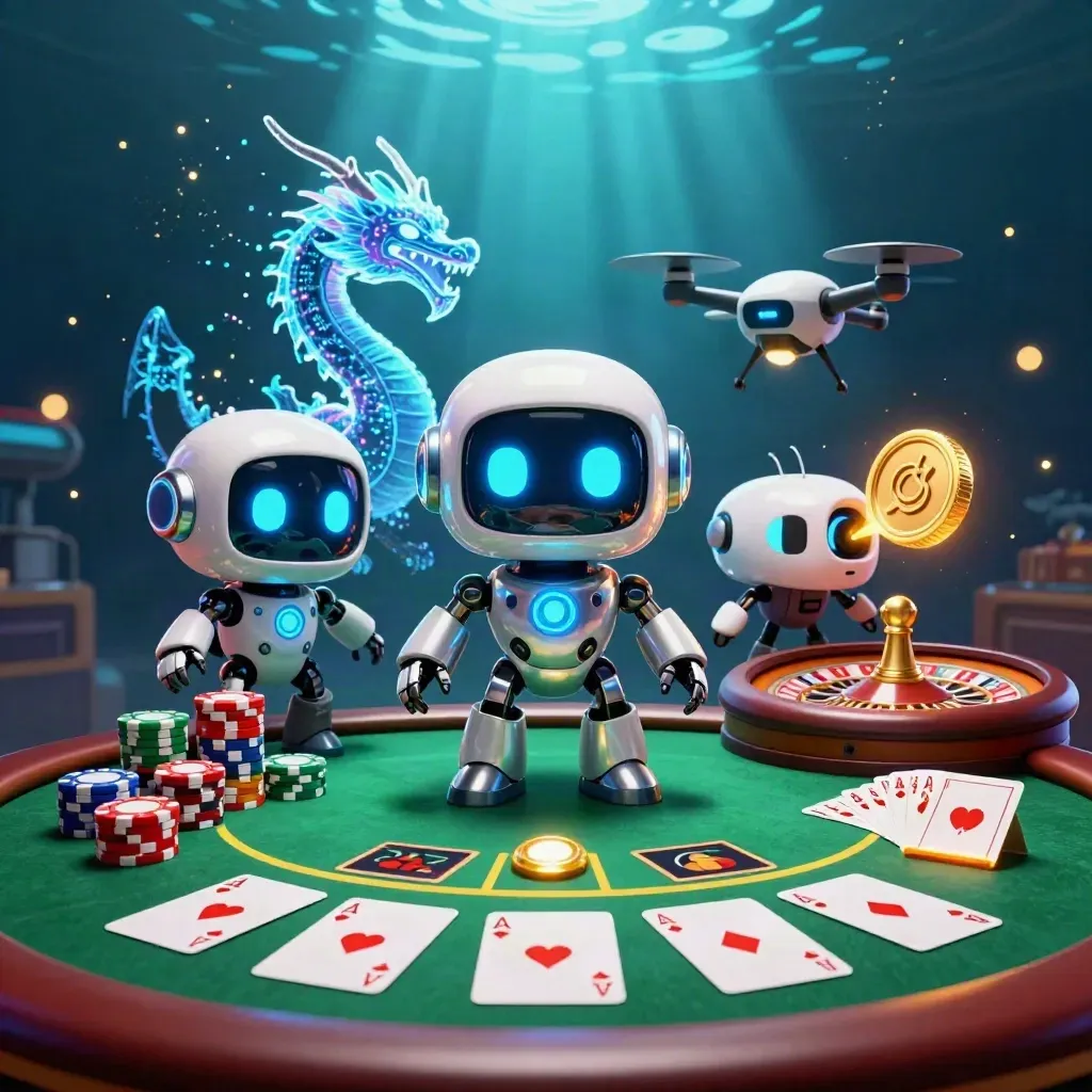 Cyberpunk robot, holographic dragon, and coin drone in a luxe casino with cards, chips, and roulette.