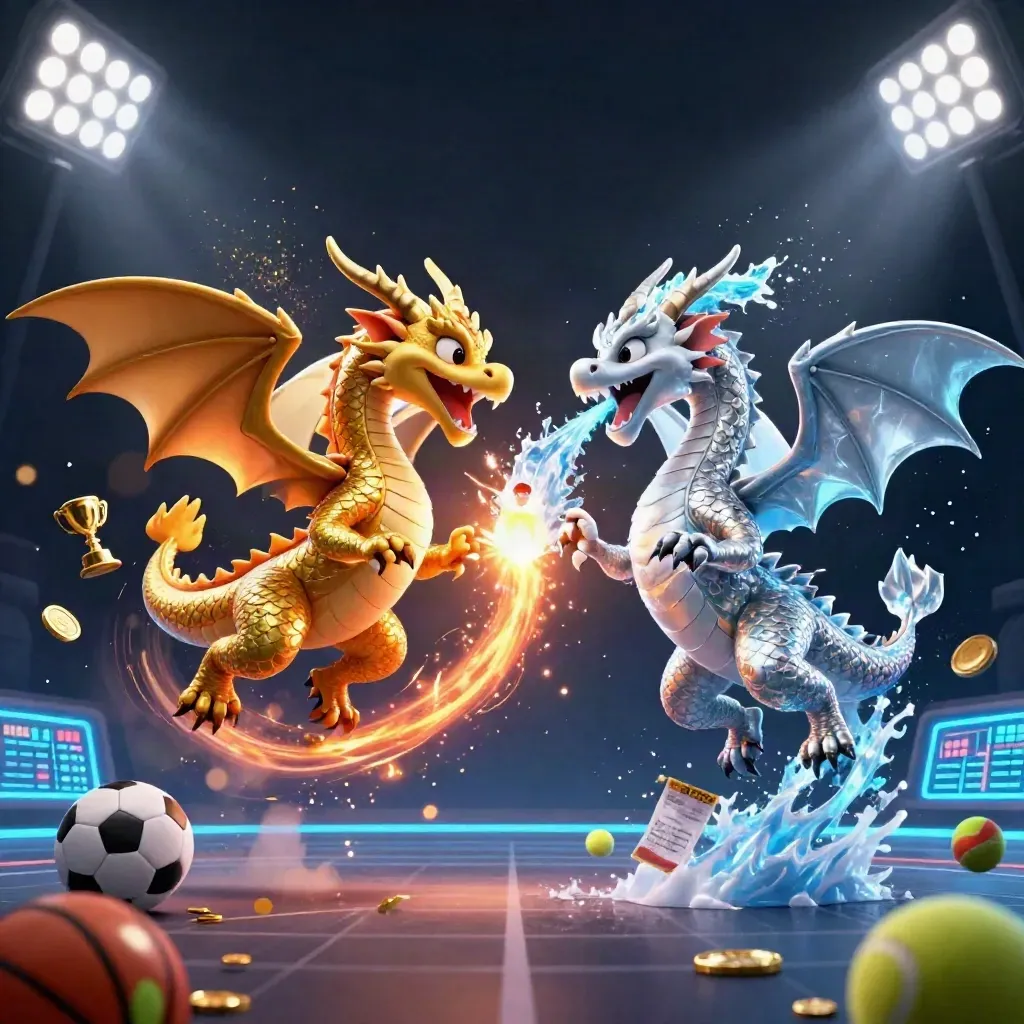 Twin dragons clash in neon blue-green, with sports balls, trophy, coins and beams in a dark casino sky.