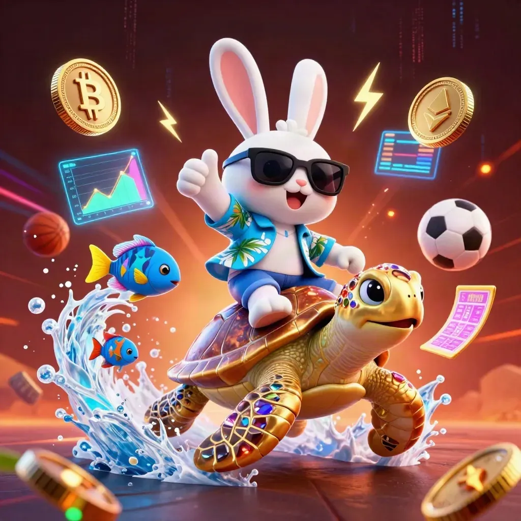 Lucky rabbit rides a jeweled turtle amid crypto icons, neon bolts and icy spray in a casino-style splash.