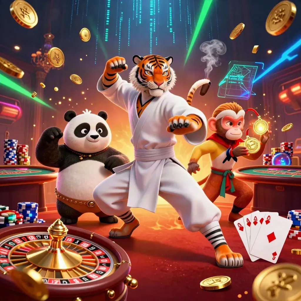 Kung-fu tiger, panda, and monkey amid casino lights, coins, cards, and a spinning roulette wheel.