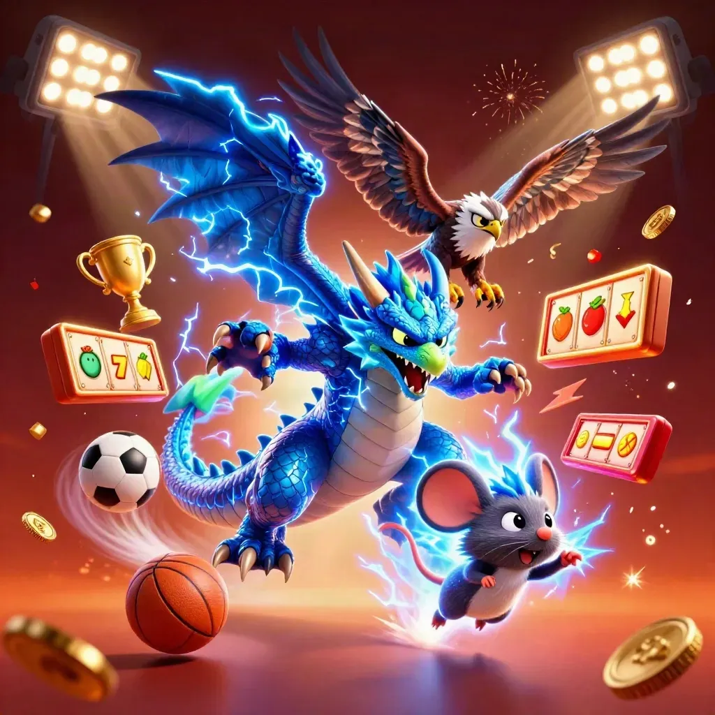 Thunder dragon, wind hawk, and static mouse amid sports balls, coins, blue lightning
