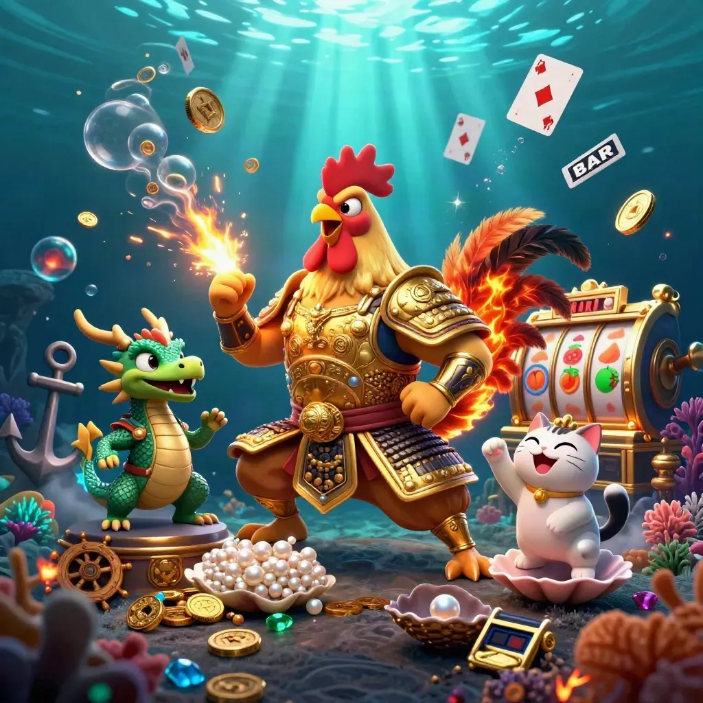 Rooster warrior, dragon hatchling, and fortune cat burst through an underwater treasure cove