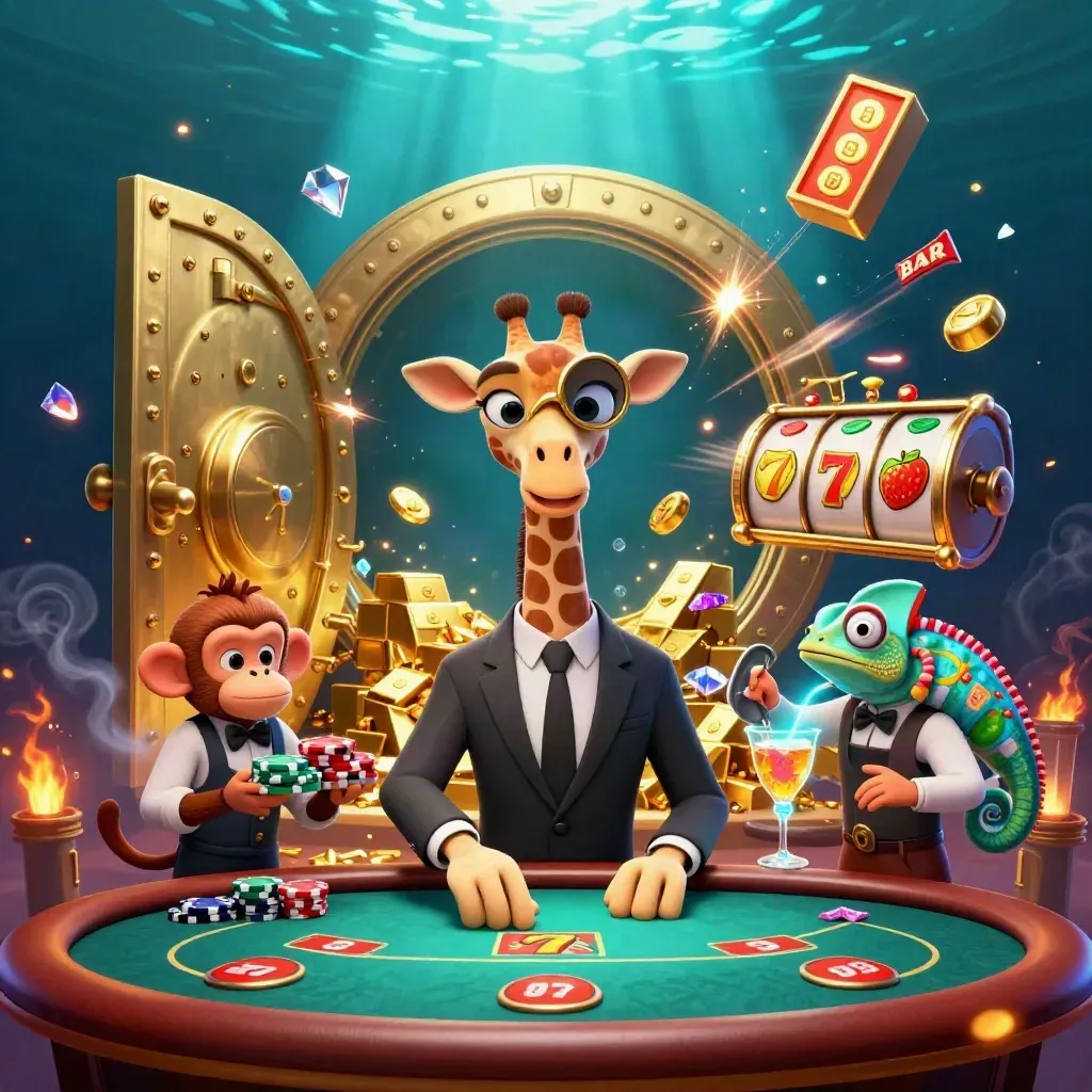 Three cartoon casino animals around a glowing treasure vault in teal underwater light