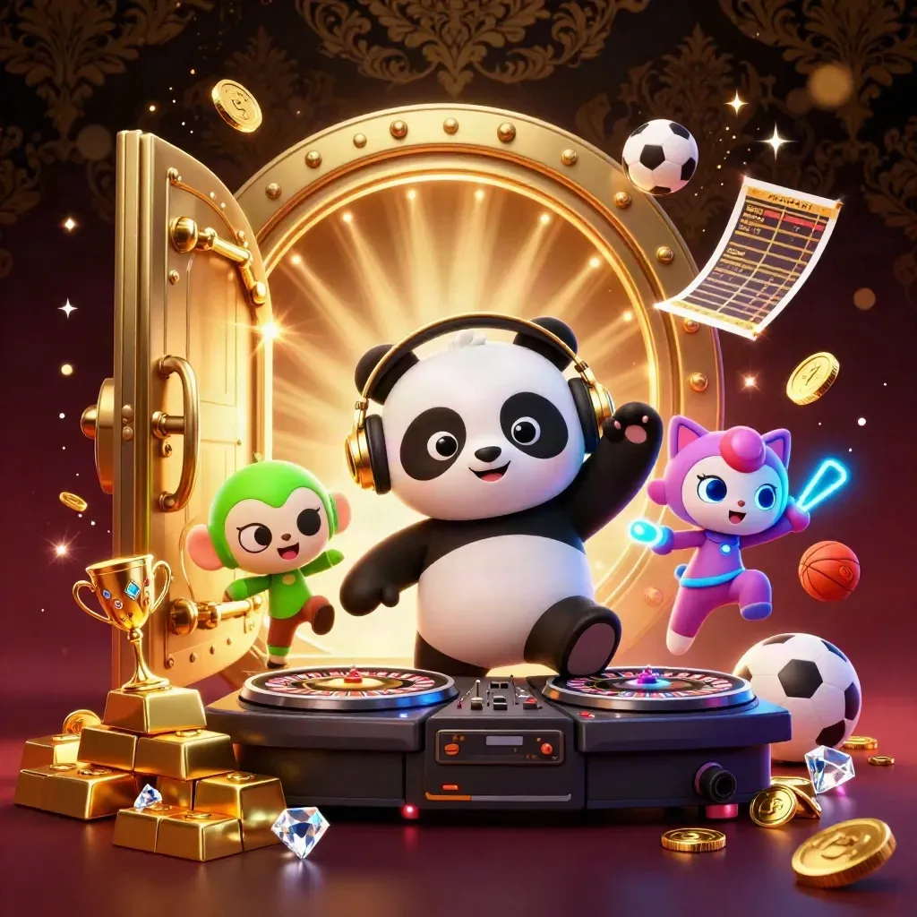 DJ panda, monkey, and glow-stick kitten burst from a gold vault amid coins, gems, and casino lights.