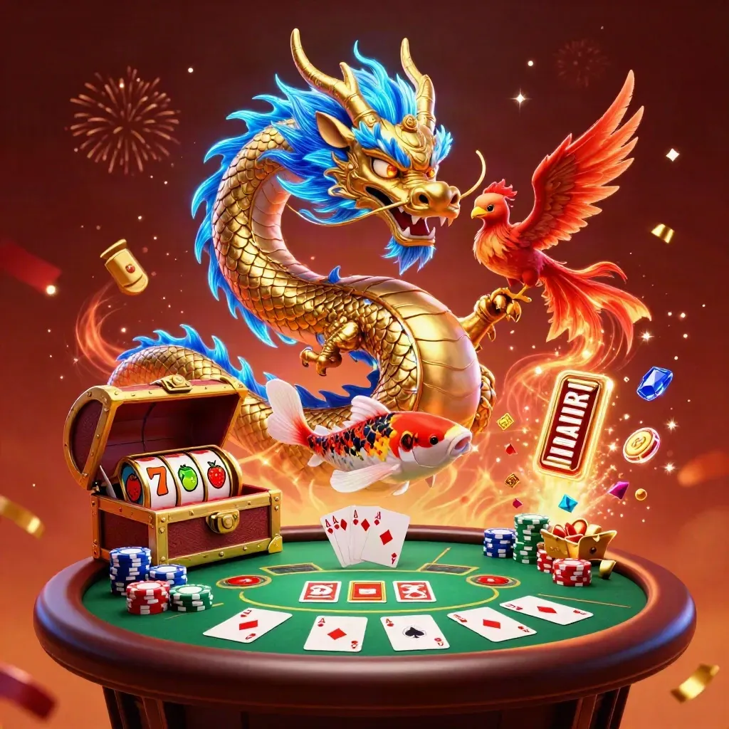 Dragon, phoenix, koi, poker chips and slot icons bursting in a neon casino fantasy