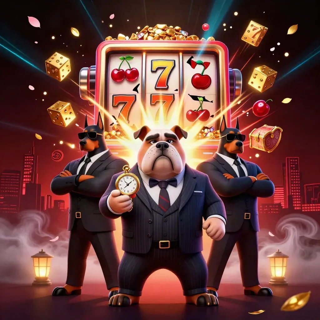 Bulldog boss and two Dobermans amid exploding slot machine gold, dice, and neon city lights.