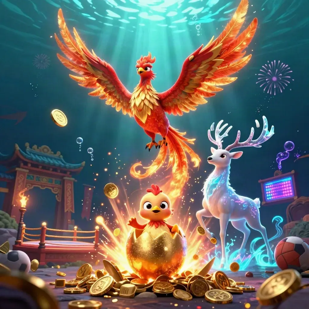 Fire phoenix trio amid treasure burst, temple gate, sportsbook props, glowing underwater casino scene.