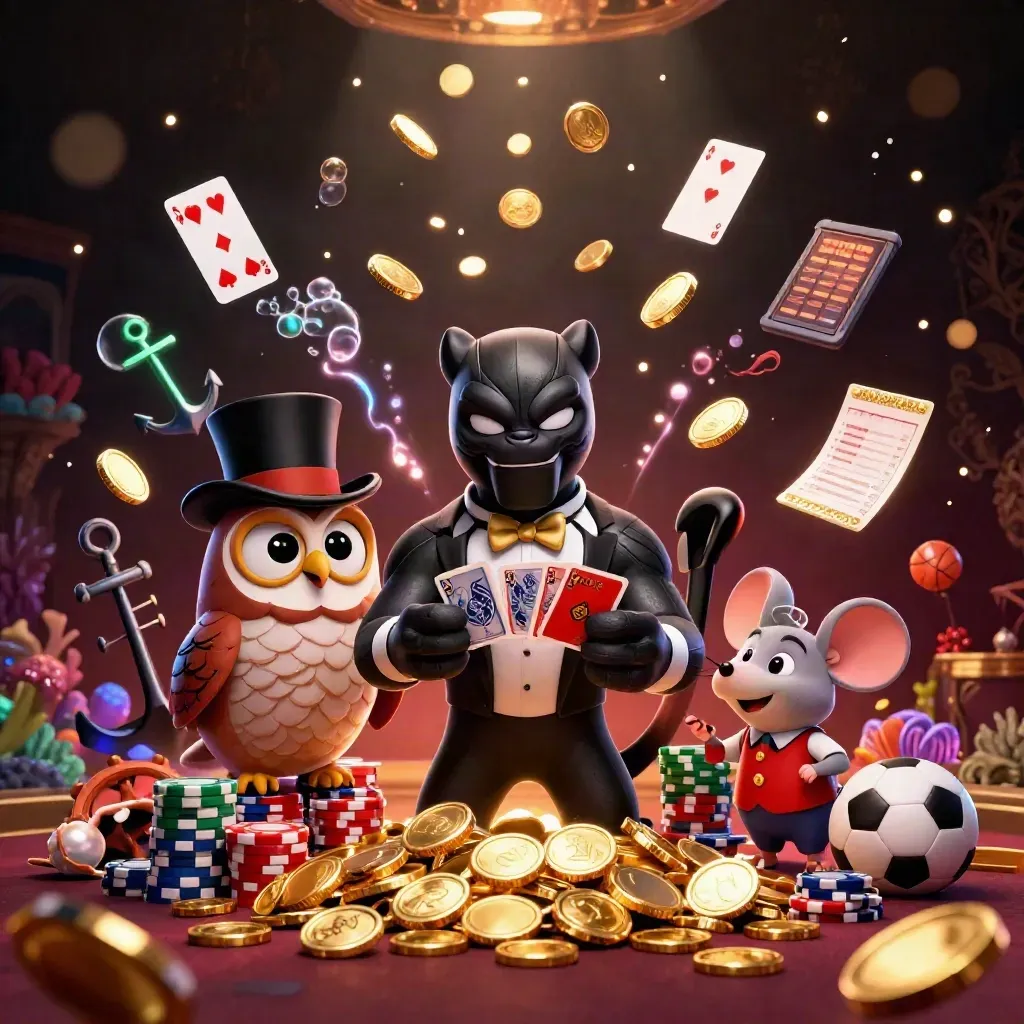 Panther, owl and mouse amid casino treasure, coins, cards, coral, ball and scoreboard.