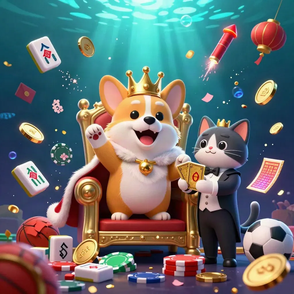 Crowned corgi and cat butler amid treasure coins, lanterns, fireworks and sports props underwater