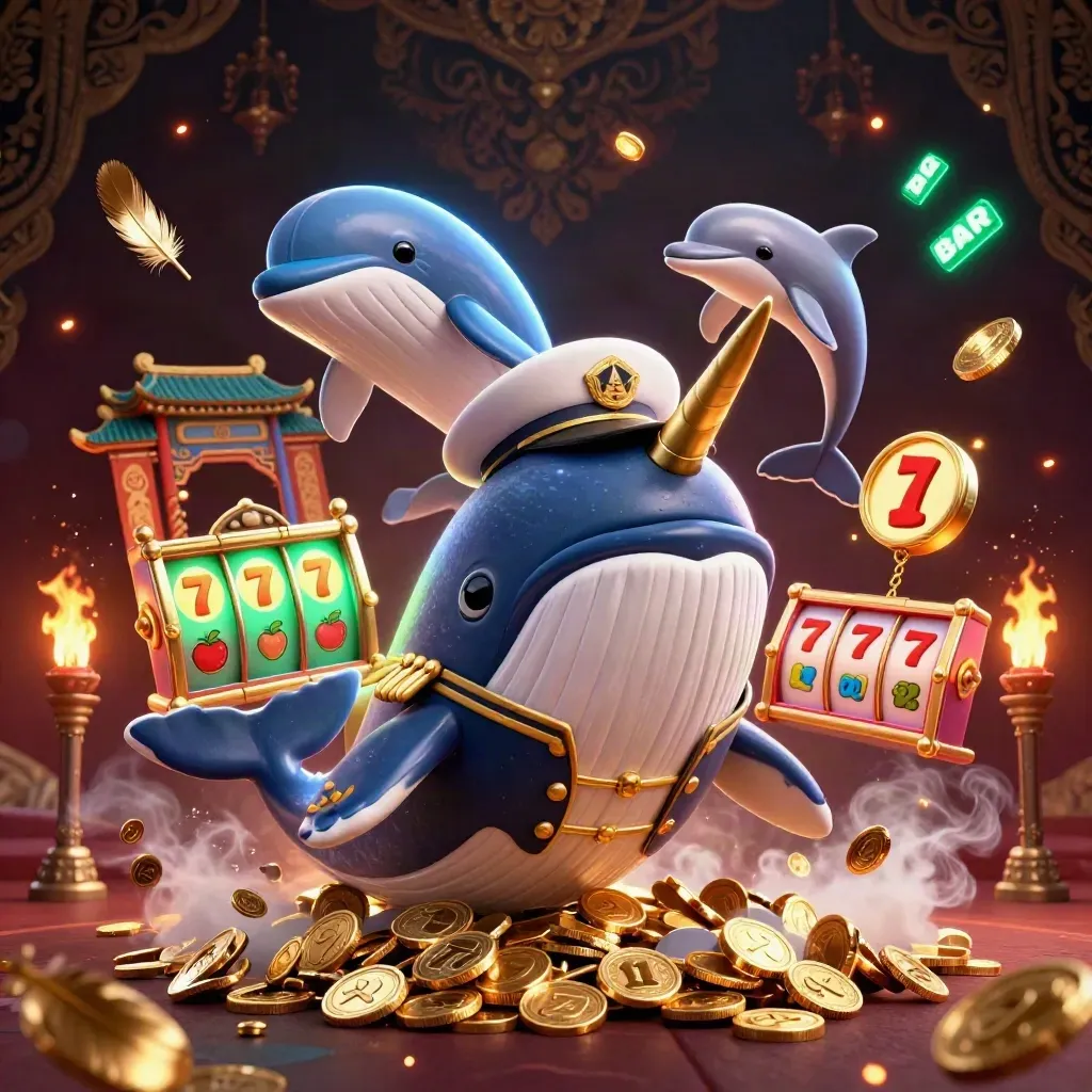 Whale captain, narwhal, and dolphins amid coins, temple gate, reels, sparks, and casino glow.