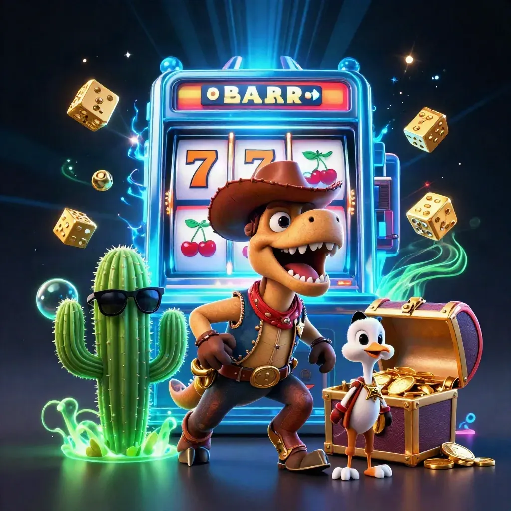 Cowboy T-Rex, cactus sidekick and sheriff roadrunner amid a bursting slot machine and gold.