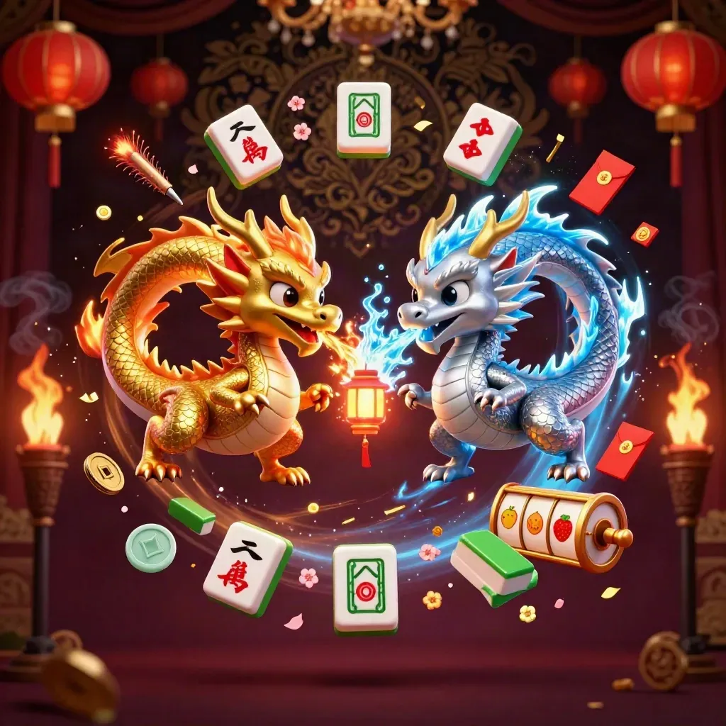 Twin gold and silver dragons spiral around a lantern spirit with casino charms on a dark luxe backdrop.
